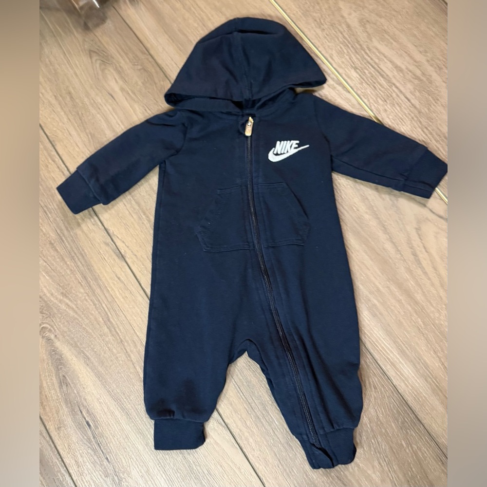 Nike Navy Hooded Baby One-Piece with White Logo
